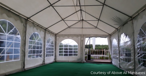 Inside 4x8m marquee with green carpet flooring
