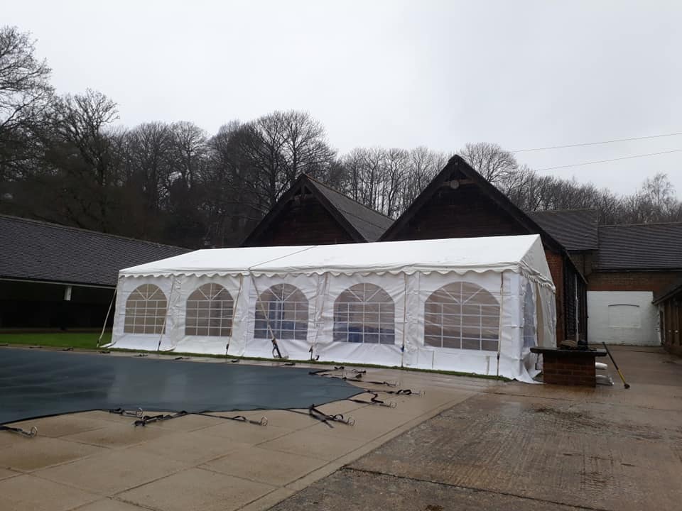 6x10m marquee next to a covered swimming pool in the winter